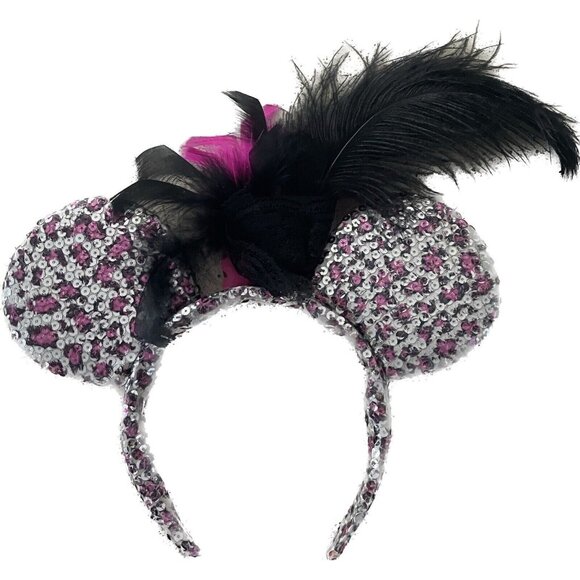 Disney Mickey Mouse Minnie Ears Bow Sequins Feather Pink Headband - Picture 3 of 3